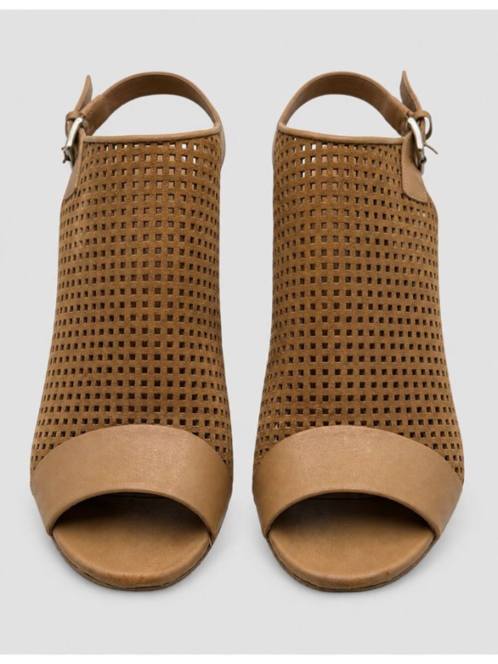 Tahari Marvel Heels 9.5 Camel Suede Perforated Peep Toe Slingback Sandals